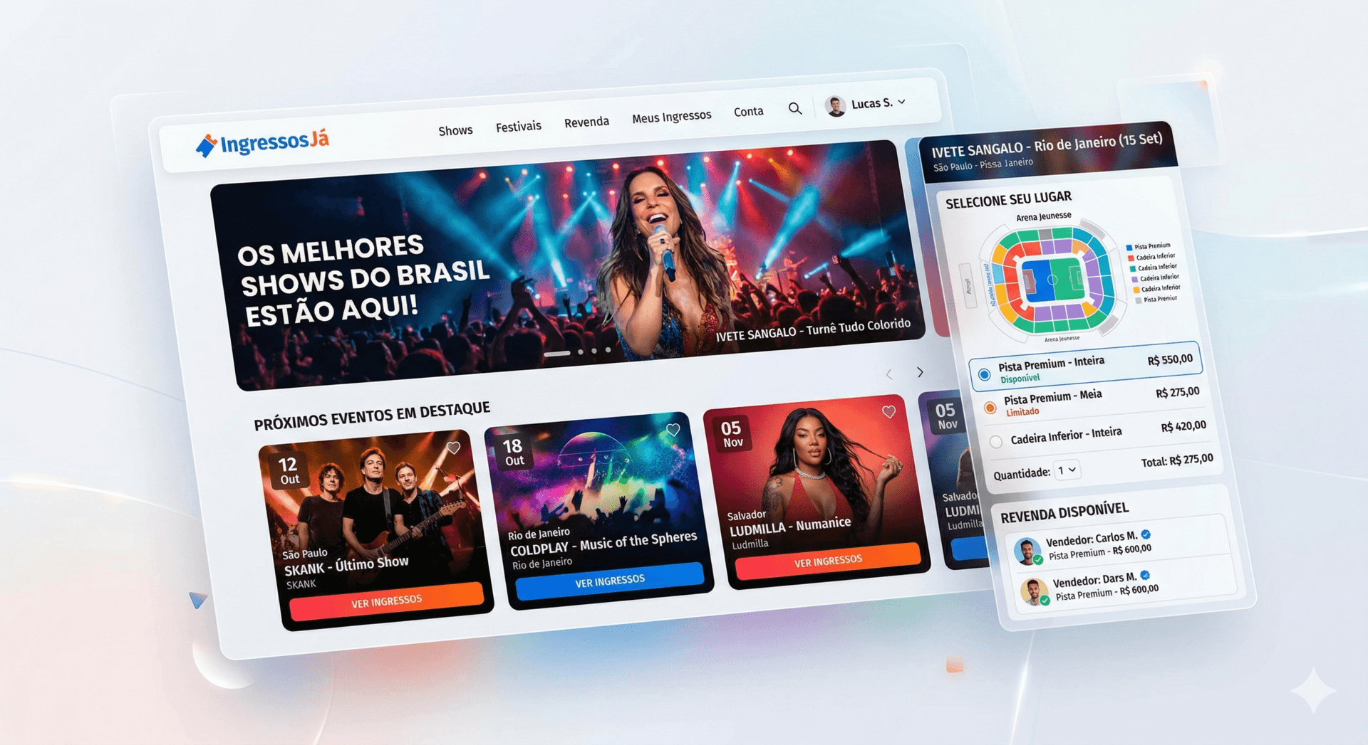 Plataforma web com painel de eventos, seleção de lugares e fluxo de compra