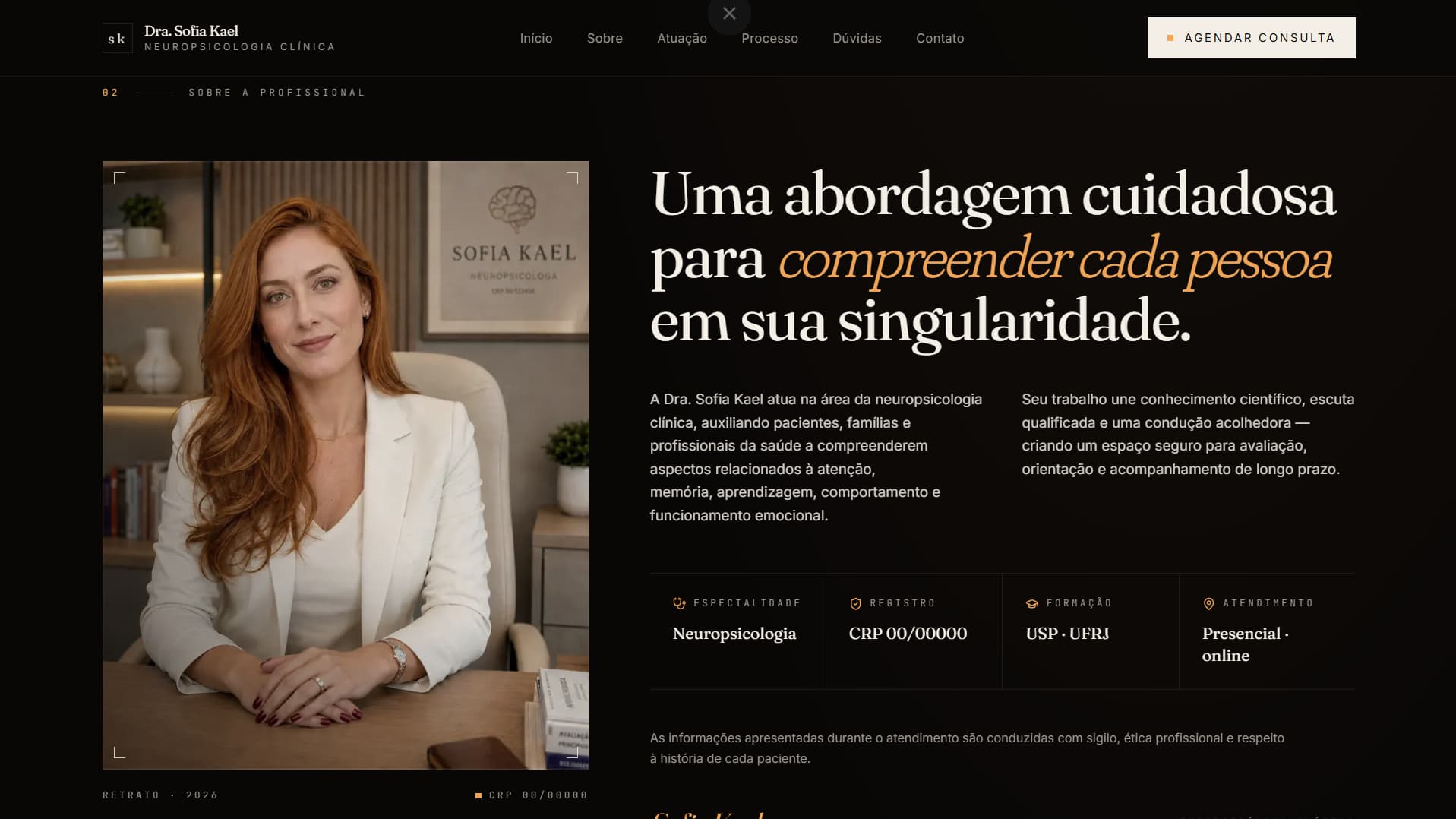 Projeto conceitual do estúdio: site de uma clínica de neuropsicologia, com retrato da profissional.