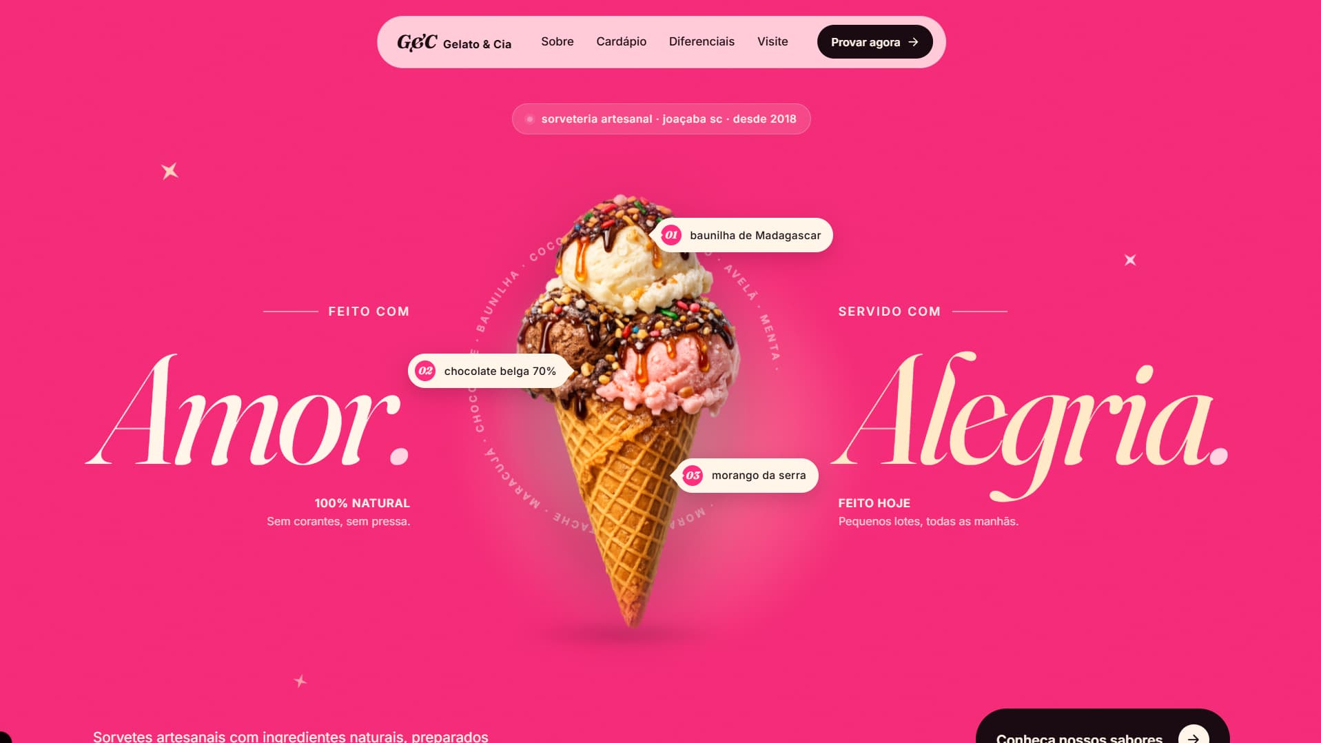 Projeto conceitual do estúdio: site de uma sorveteria artesanal, com a casquinha ao centro sobre fundo rosa.