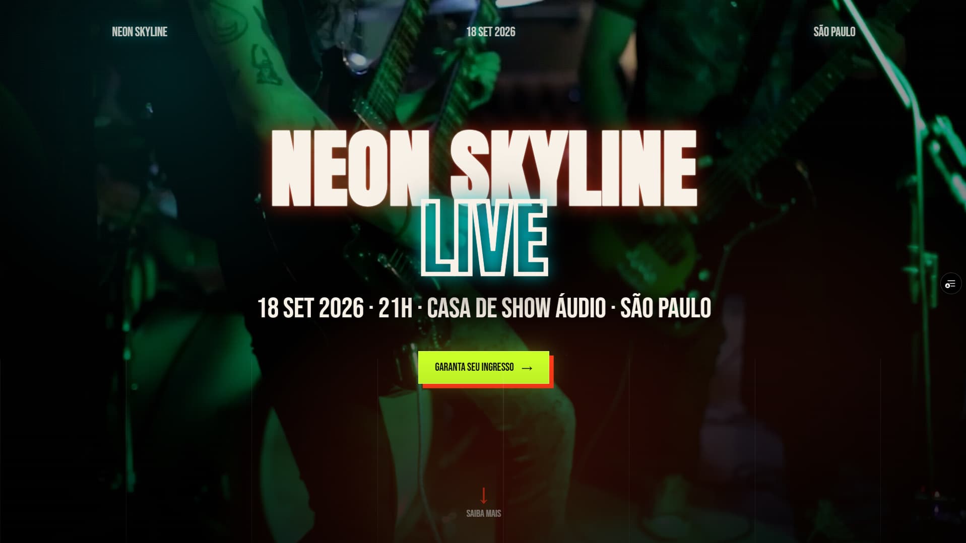 Projeto conceitual do estúdio: página de venda de ingressos para um show, com o palco ao fundo.