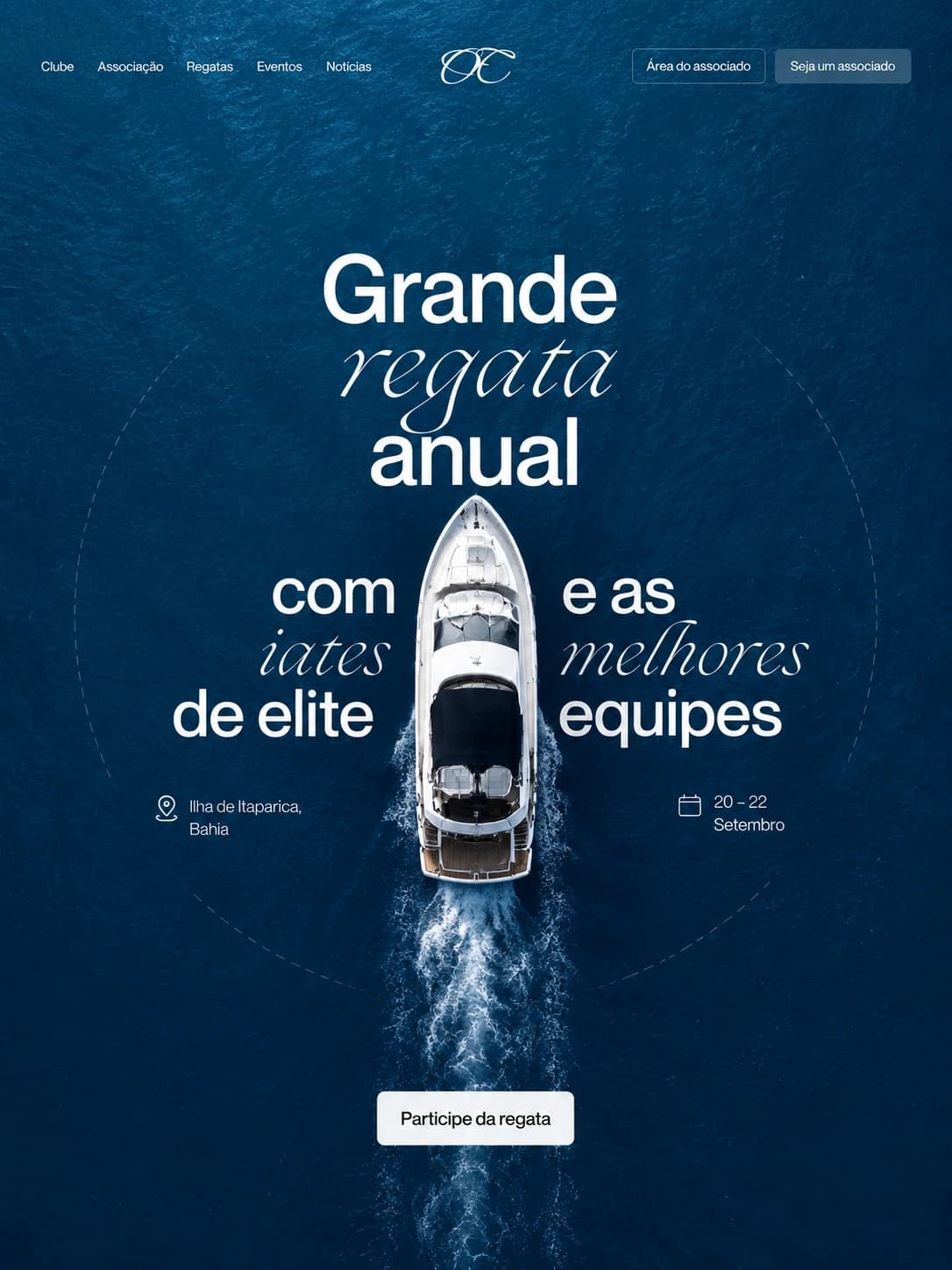 Arte de demonstração: página de um clube náutico anunciando uma regata, com a foto aérea de um iate cortando o mar azul-escuro.