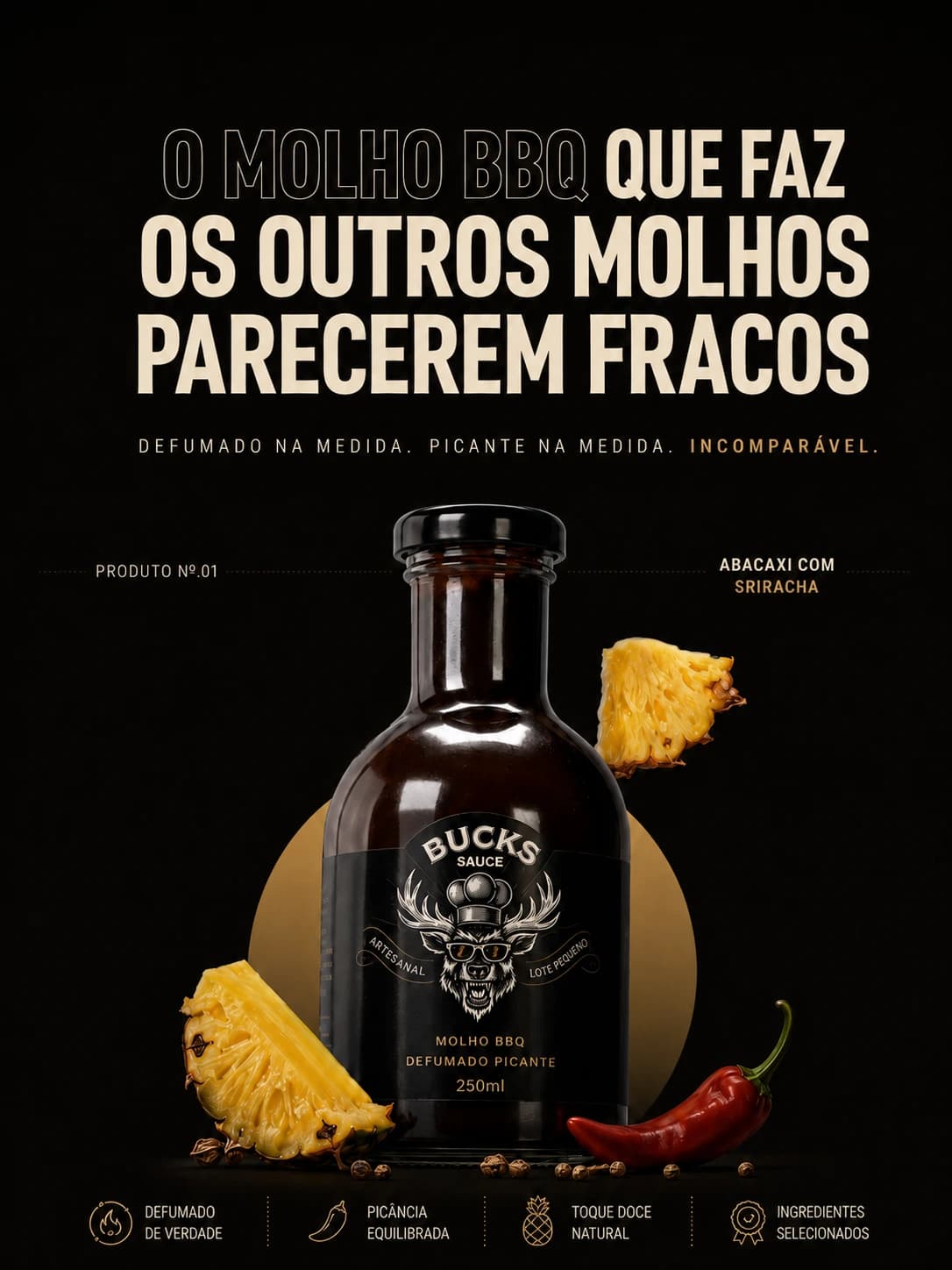 Arte de demonstração: página de um molho barbecue artesanal, com o vidro âmbar iluminado sobre fundo preto, entre fatias de abacaxi e uma pimenta vermelha.