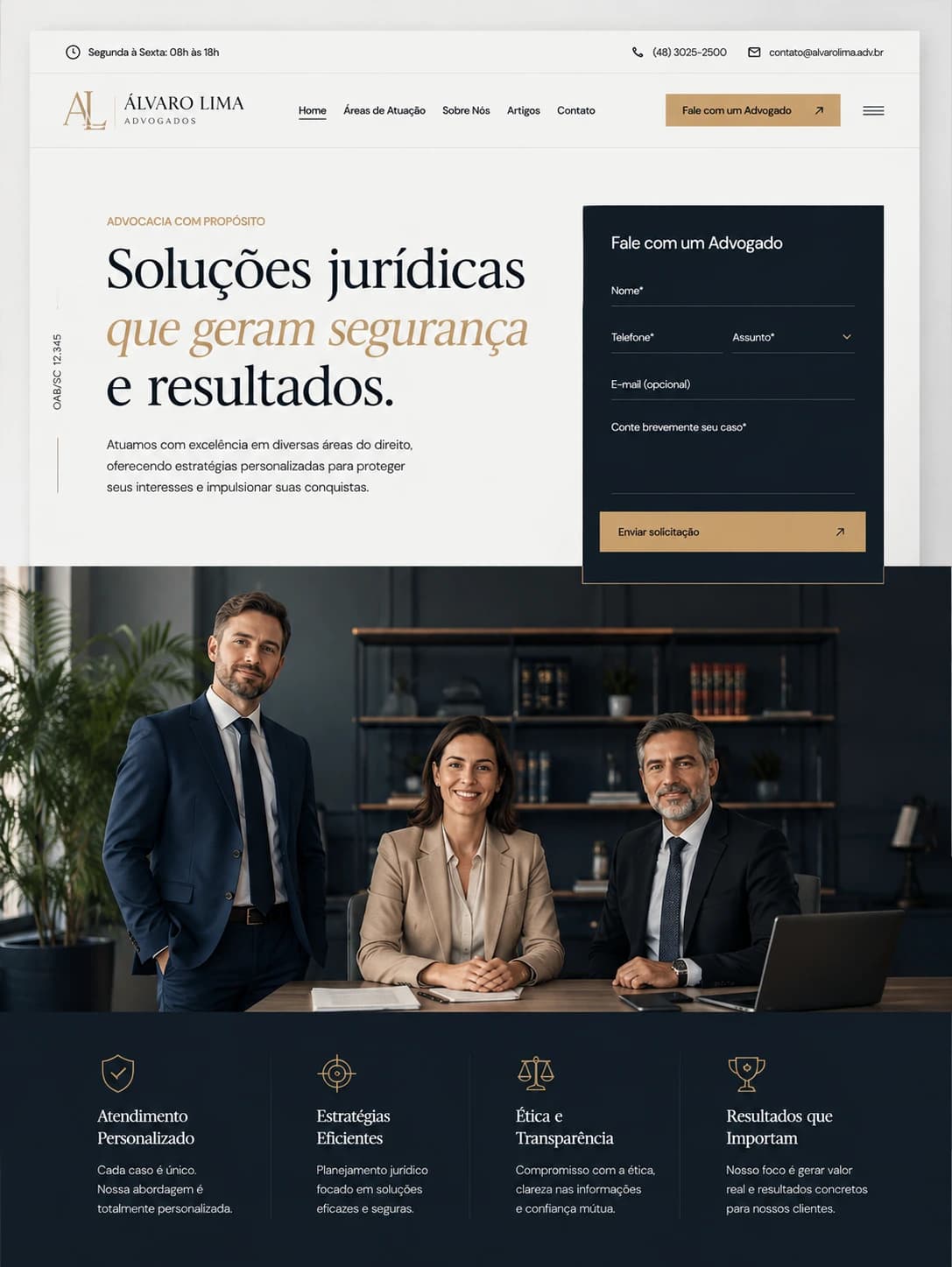 Arte de demonstração: página de um escritório de advocacia, com um formulário de contato em azul-marinho e a foto de três advogados em uma mesa de reunião.