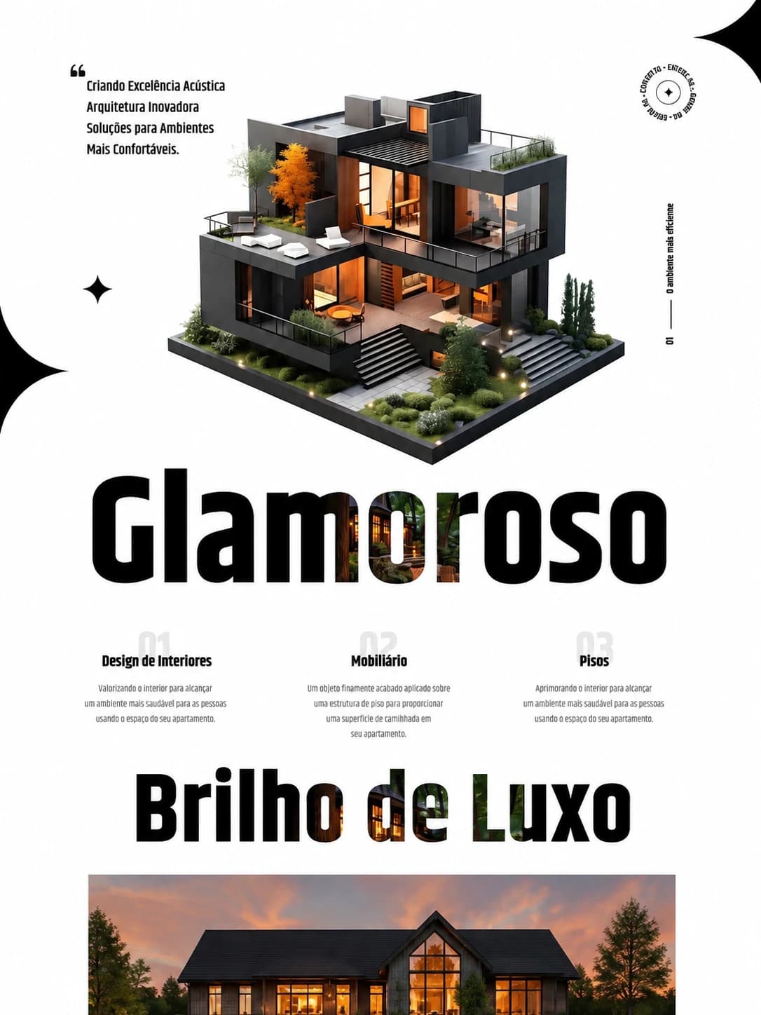 Arte de demonstração: página de um estúdio de arquitetura e interiores, com a maquete de uma casa moderna em corte isométrico sobre fundo branco.