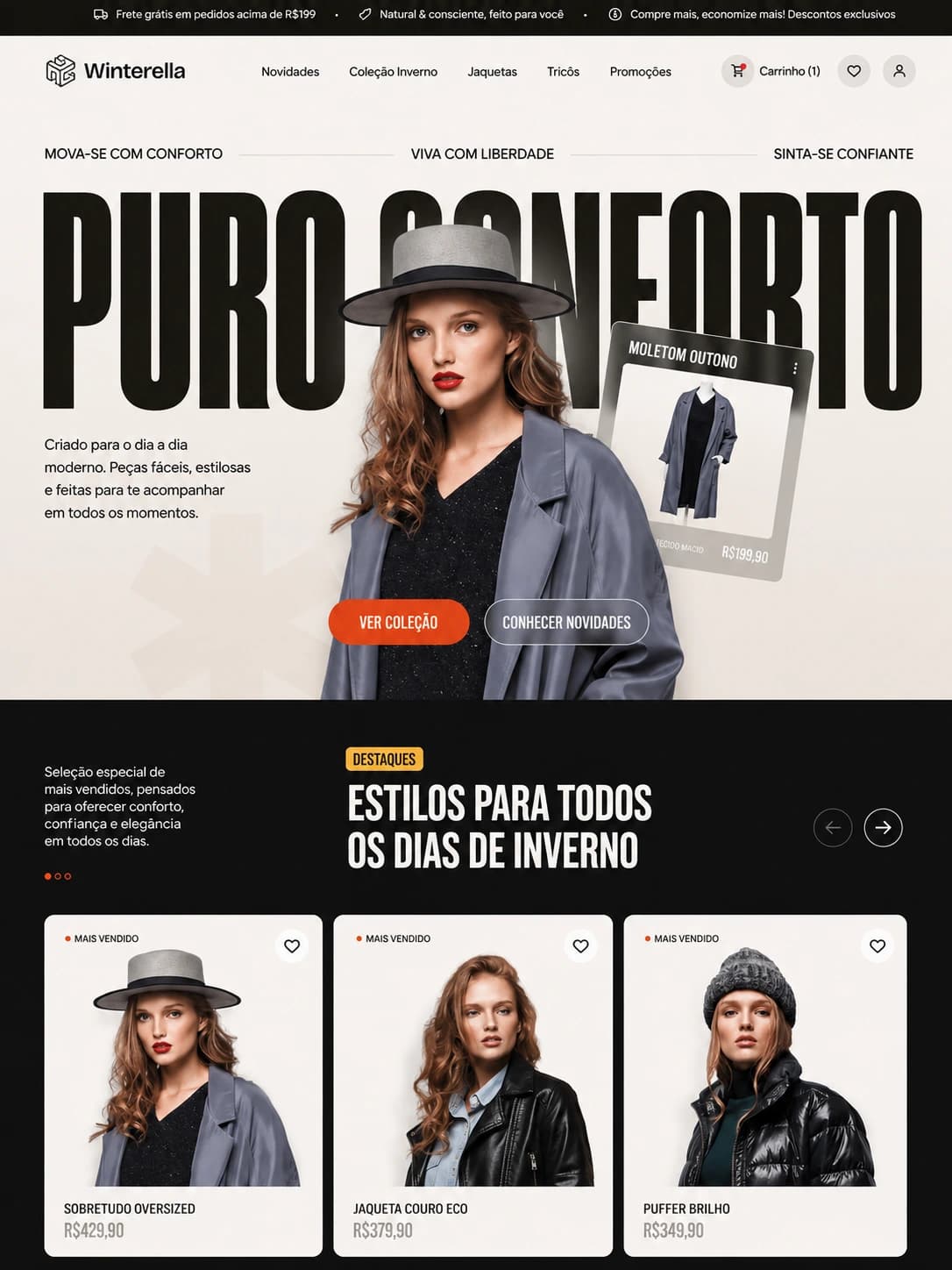 Arte de demonstração: página inicial de uma loja de roupas de inverno, com uma modelo de sobretudo cinza sobre a palavra “conforto” em tipos largos e uma vitrine de peças com preços abaixo.